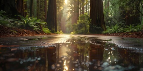 Landscape Photography, Wet Asphalt Road Edge in Forest with Sunlight