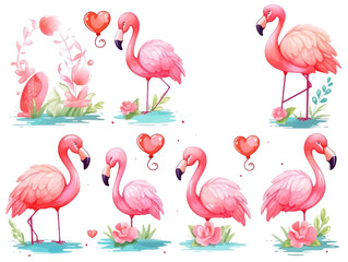 Watercolor valentines day love flamingo couple, hand drawn watercolor illustration for greeting card or invitation design