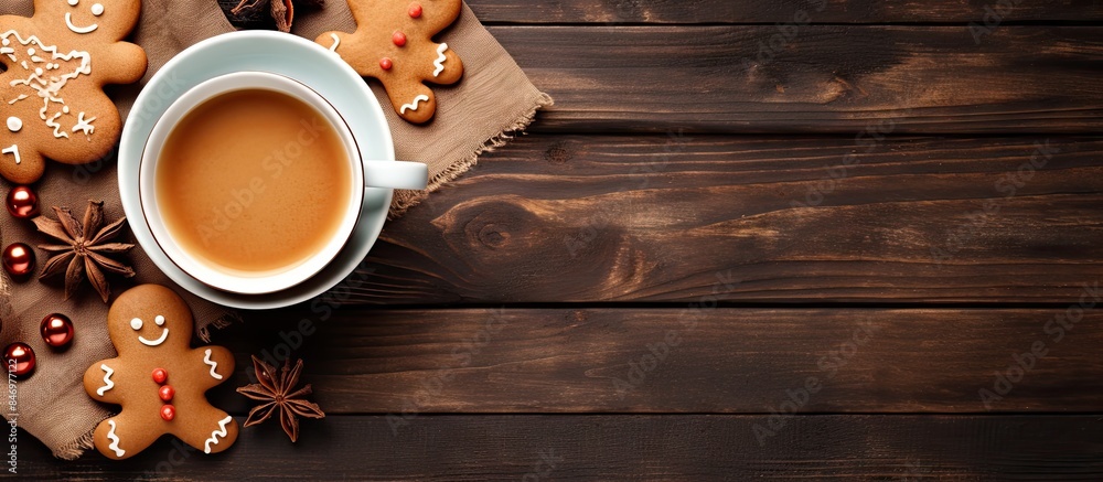 Poster Gingerbread man cookies arranged on a plate with a cup of coffee on the side, displayed on a wooden table, perfect for kids. with copy space image. Place for adding text or design