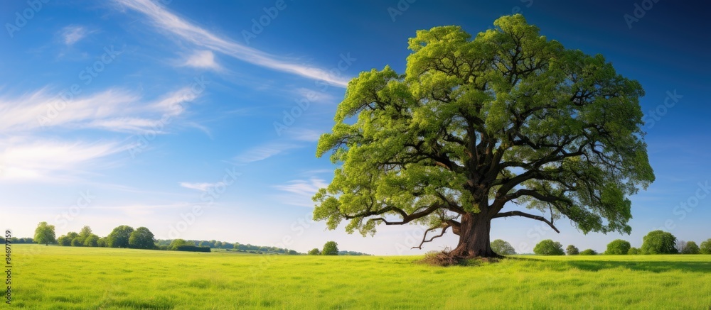Aufkleber an ancient oak tree stands tall and grand in a serene english meadow, showcasing its enduring beauty