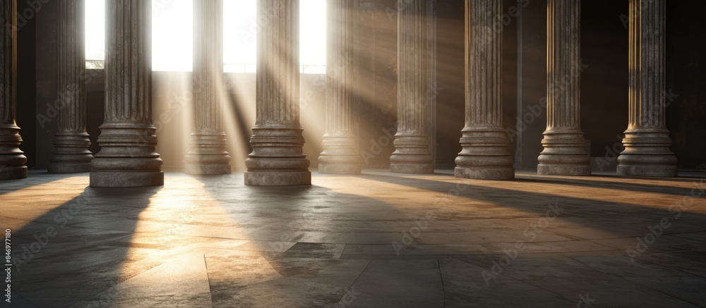 Aufkleber Columns of a vast edifice illuminated by sunlight filtering through, creating a dramatic scene with harsh shadows on the ground. with copy space image. Place for adding text or design