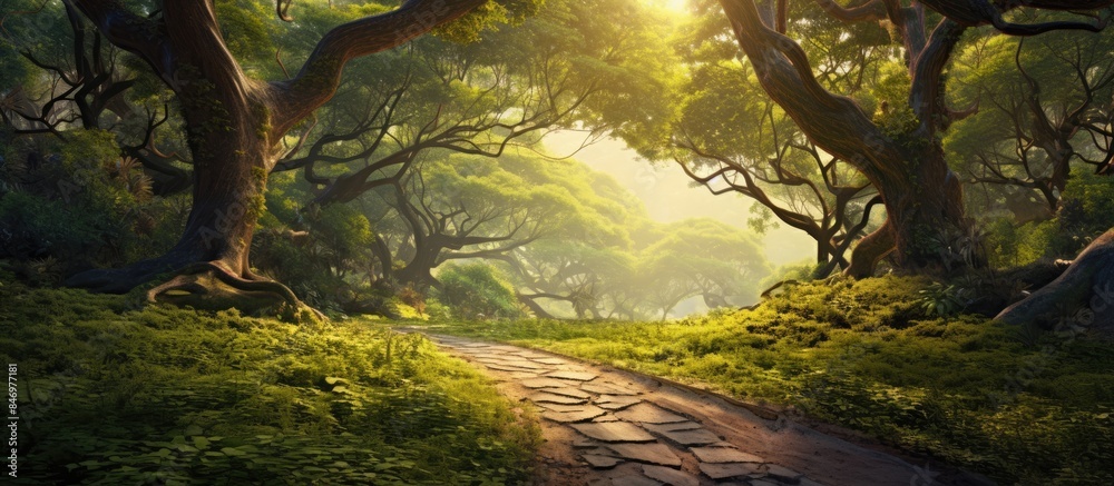 Poster a serene pathway winding through a lush forest, guiding our journey with the beauty of nature. with 