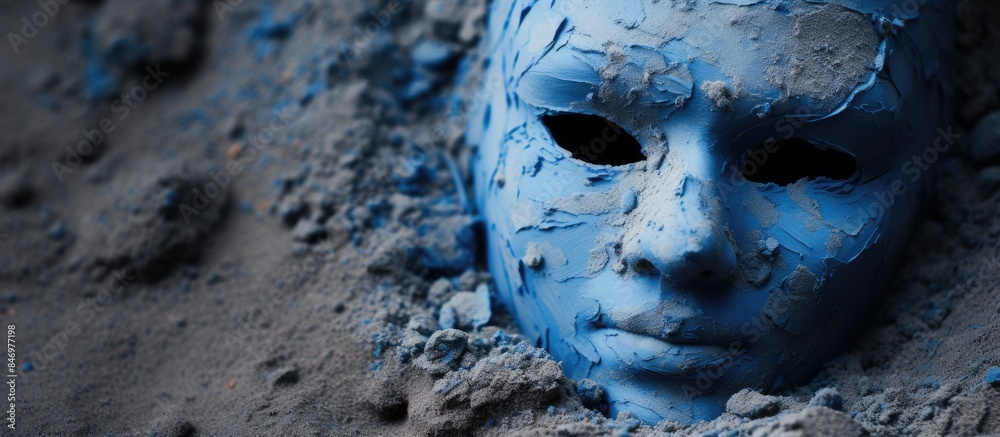 Poster Close-up of a blue mask with intricate textures placed in sand, showcasing its unique design and colors. with copy space image. Place for adding text or design