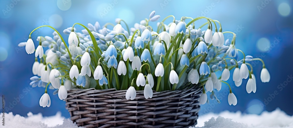Poster basket with snowdrops rests delicately on snowy ground, a serene scene of early spring beauty. with 