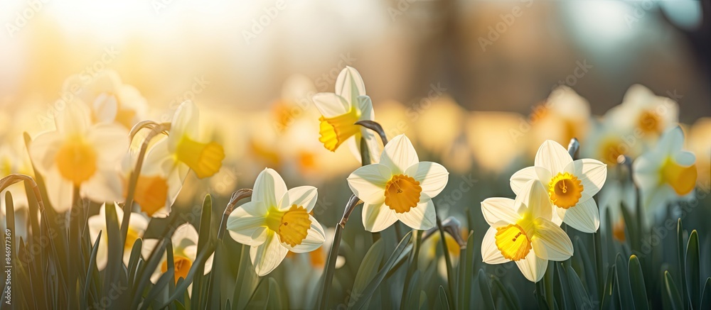 Poster lush meadow with abundant yellow and white flowers in full bloom under the bright morning sun. with 