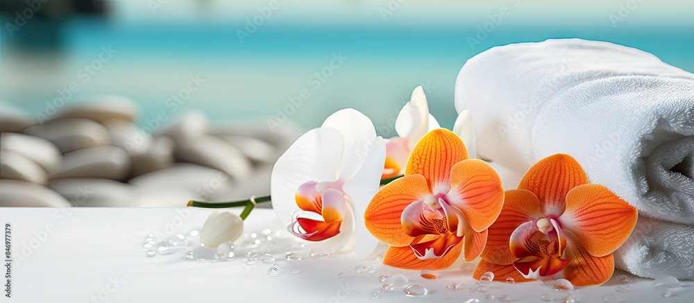 Aufkleber bright beach scene with towels, flowers, and ocean view in the background. with copy space image. pl