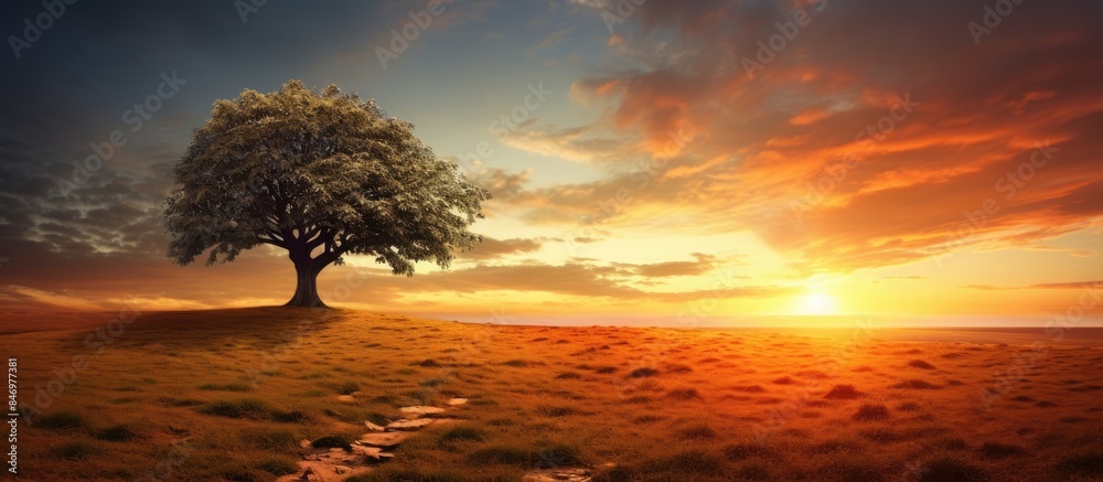Fototapete Solitary tree standing on a green hilltop as the sun sets in the background. with copy space image. Place for adding text or design