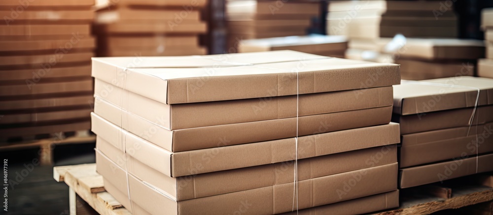 Aufkleber stacked cardboard boxes wrapped in plastic film on pallets with l-shaped pallet corrugated paper cor
