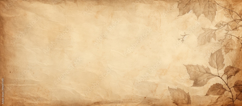 Poster Mulberry paper vintage background featuring an old sheet with a bunch of leaves on it. with copy space image. Place for adding text or design