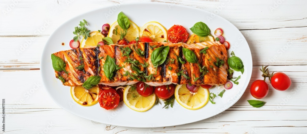 Poster plate with grilled salmon, vegetables, tomatoes, lemon, basil on a wooden table in close-up view. wi