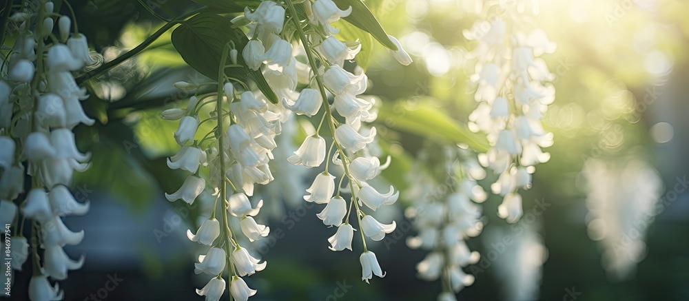 Fototapete Many delicate white flowers are hanging from a tree's branches, illuminated by the sun's rays. with copy space image. Place for adding text or design