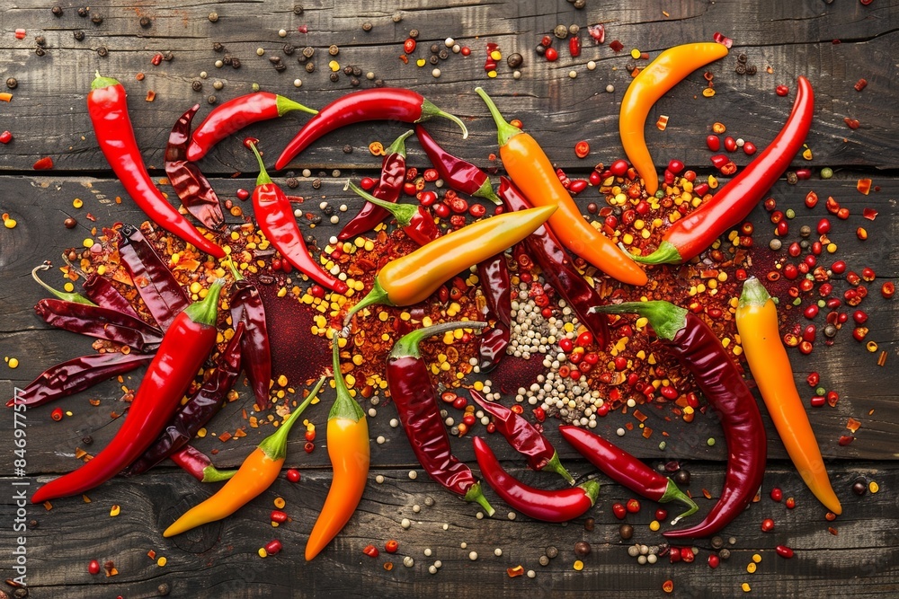 Poster a close-up view of fresh and dried chili peppers, peppercorns, and spices arranged on a rustic woode