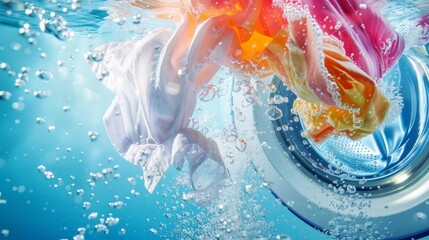 Commercial advertisement banner featuring a washing machine and detergent liquid A white shirt and a colorful dress float underwater