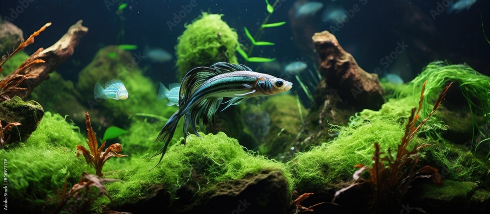 Poster Fish gracefully swim in the aquarium surrounded by lush green moss, creating a serene underwater environment. with copy space image. Place for adding text or design