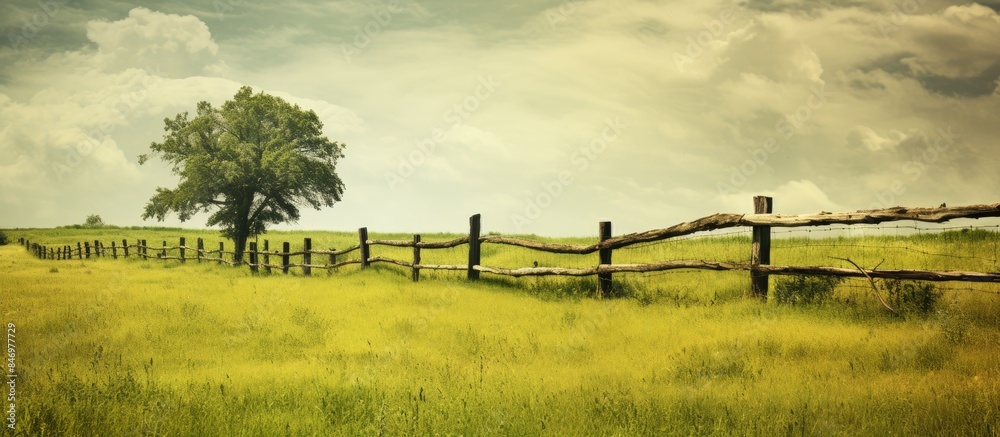 Poster Rustic palisade standing in the center of a green and yellow meadow. with copy space image. Place for adding text or design