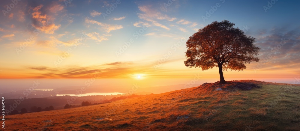 Aufkleber silhouetted lone tree on a hill under a stunning sunset sky in a serene natural landscape. with copy