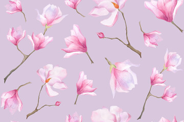 Watercolor magnolia seamless floral pattern For purple wallpaper, wrapping paper Pink print design Women's day 2025 decoration Botanical background Spring flower branch Blooming