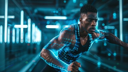 A man trains in a futuristic gym, with digital muscle enhancement technology overlayed on his body, illuminated by blue lights.