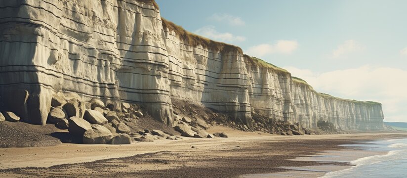 Beachgoer walks by the shoreline with a surfboard on Europe's rapidly eroding Holderness Coast, losing 2 meters annually. with copy space image. Place for adding text or design