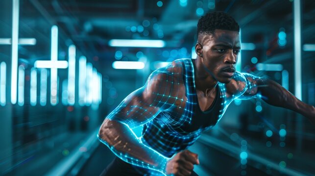 A man trains in a futuristic gym, with digital muscle enhancement technology overlayed on his body, illuminated by blue lights.