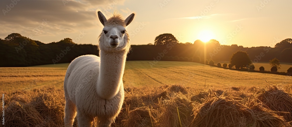 Fototapete a majestic giraffe stands gracefully in a field as the sun sets behind it, casting a warm glow. with