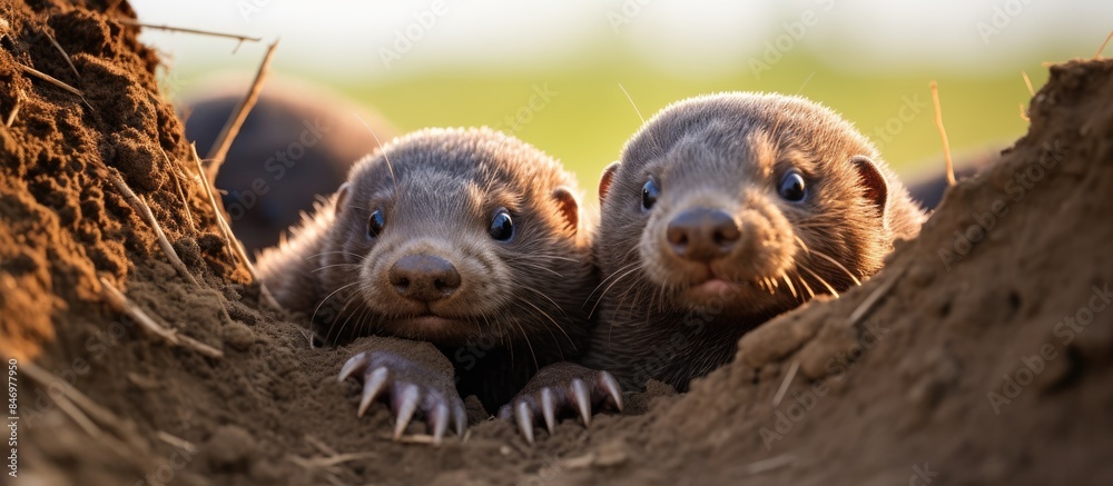 Aufkleber Pair of curious otters peeking out from a burrow opening, their playful and inquisitive nature captured in a delightful moment. with copy space image. Place for adding text or design