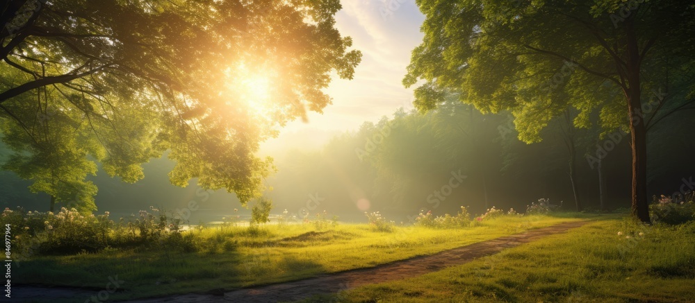 Leinwandbilder serene park path with trees and grass in early morning sunlight, creating a peaceful ambiance. with 