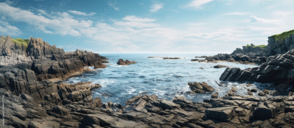 Poster a rugged shoreline with rocks jutting out along a body of water, creating a picturesque landscape. w