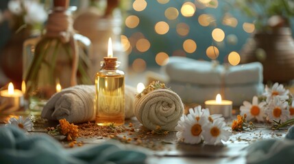 Obraz premium Beauty treatment items for spa procedures with essential oil, towel, burning candles and towels on wooden table.