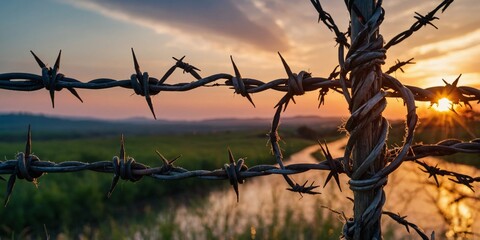A poignant image of a barbed wire fence with a sunset backdrop, evoking notions of division and freedom
