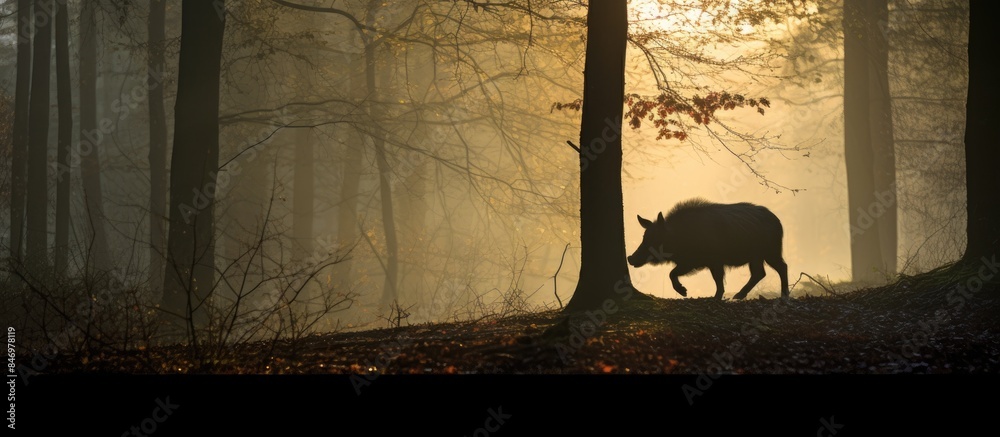 Poster giraffe peacefully walking through a forest during the early morning hours, blending with the serene
