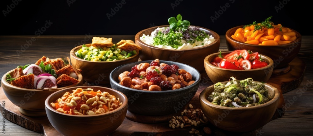 Poster a variety of food bowls placed on a wooden table for a close-up view, suitable for a savory snack pa