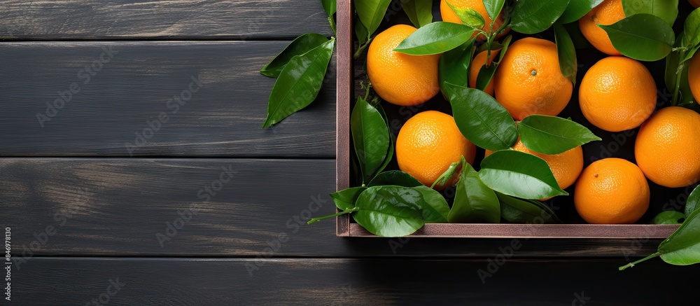 Fototapete a selection of ripe oranges stored in a wooden box placed on a table. with copy space image. place f