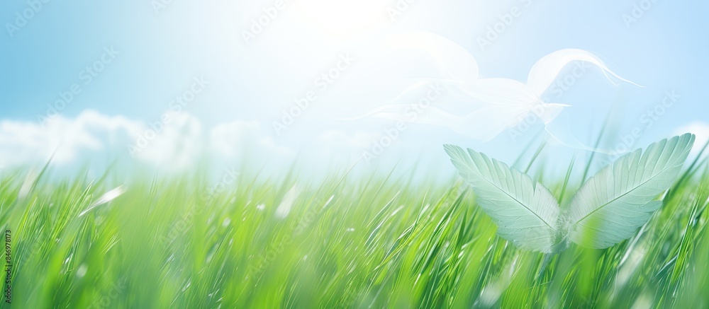 Fototapete white feather drifting over lush green field of grass captured from above in daylight. with copy spa