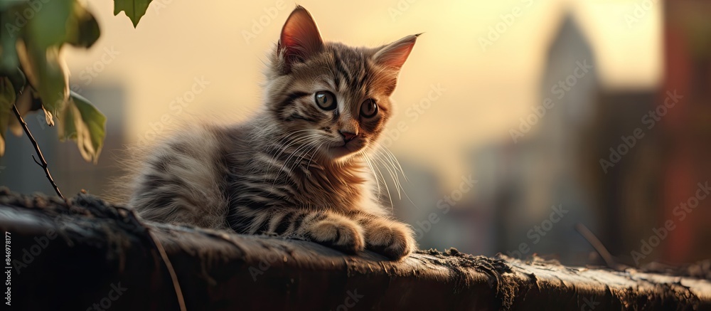 Poster Lonely stray feline looking forlorn while sitting on the roof surrounded by leafy green foliage. with copy space image. Place for adding text or design