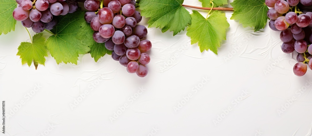 Aufkleber ripe grapes surrounded by vibrant green leaves, hanging from a vine in a lush vineyard. with copy sp