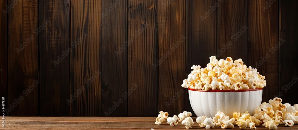 Poster a close-up image featuring a bowl filled with popcorn placed on a rustic wooden table. with copy spa