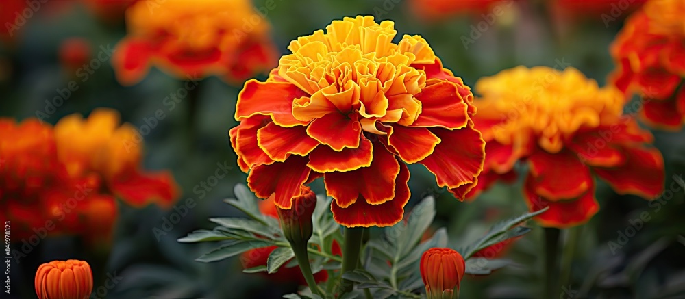 Fototapete Vivid close-up shot showcasing a flower with a multitude of striking colors, adding beauty to any setting. with copy space image. Place for adding text or design