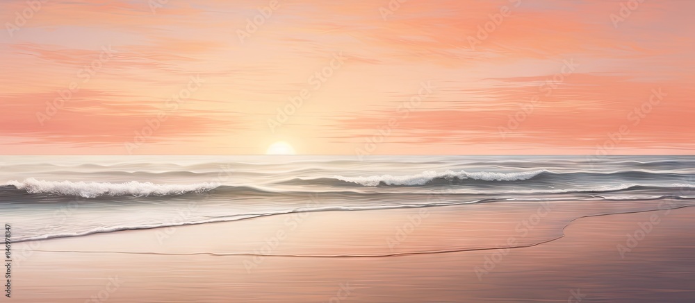 Aufkleber ocean sunset scene with waves rolling in under a pastel sky reflecting on the sandy shoreline. with 