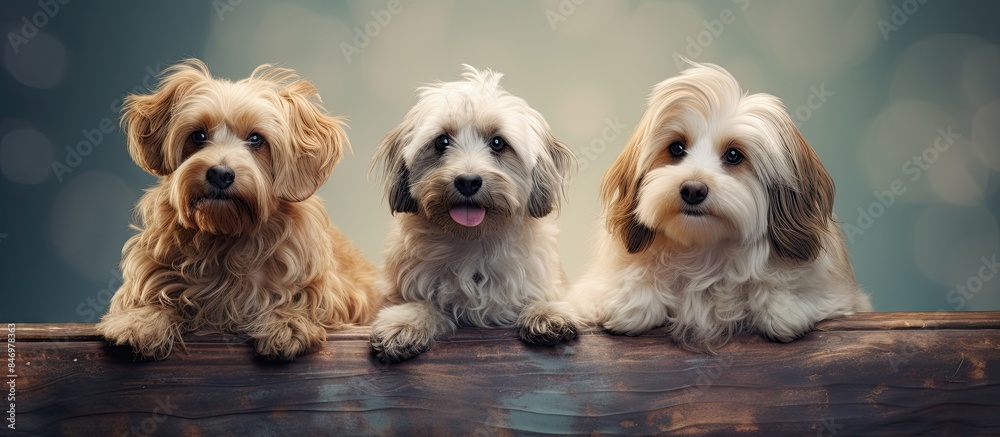 Poster three playful dogs are seated together on a wooden bench, happily sticking out their tongues. they a