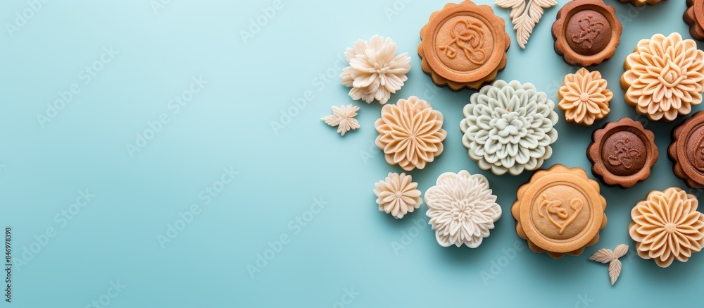 Poster Assorted cupcakes with different decorations arranged on a blue backdrop. with copy space image. Place for adding text or design
