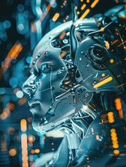 A close-up view of a robot's head with lights shining from behind, suitable for futuristic or technology-related uses