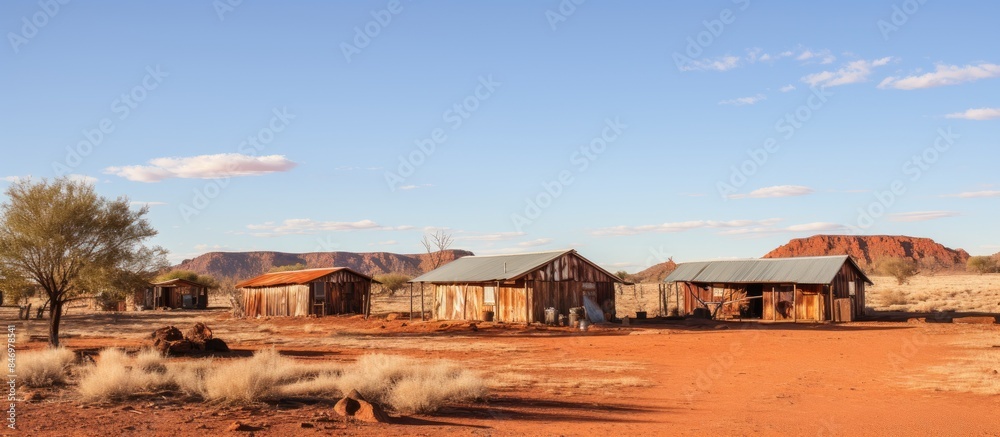 Poster Wooden structures dot an arid landscape with a backdrop of a cloudless sky. with copy space image. Place for adding text or design