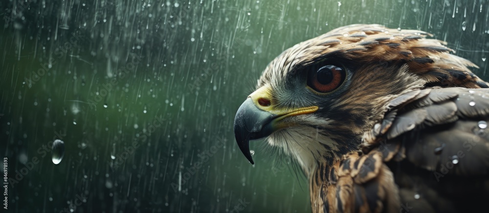 Aufkleber raptor hunting birds on a rainy day, visible through a glass window pane. with copy space image. pla