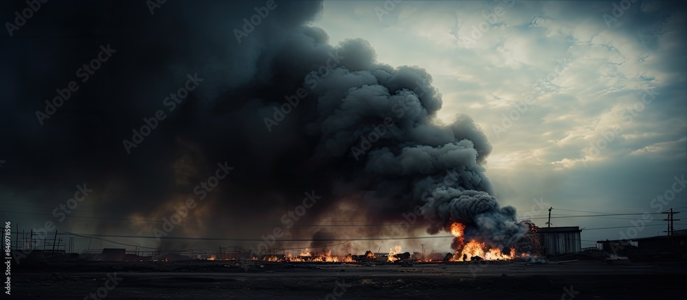 Poster industrial building engulfed in flames with thick black smoke rising into the sky from the top. with