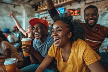 Obraz premium Happy African American football fans cheering and celebrating a victory at home and in a sports bar.