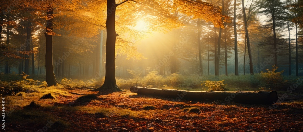 Fototapete Dappled sunlight shines through the autumnal forest, casting a warm glow on a fallen tree in the foreground. with copy space image. Place for adding text or design