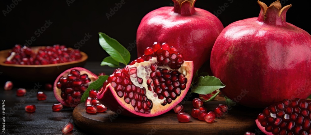 Aufkleber A close-up view of a pomegranate split in half displayed on a rustic wooden cutting board. with copy space image. Place for adding text or design