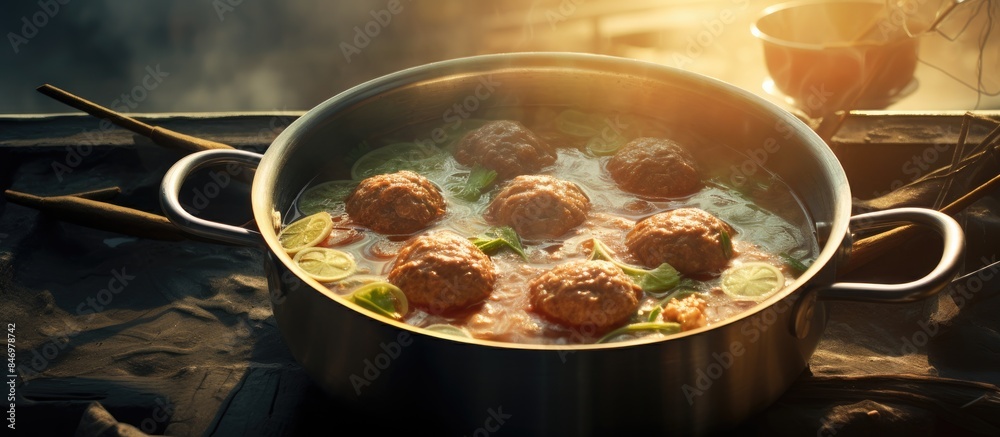 Aufkleber noodles soup and meat balls in a pot on a table, catching the morning sun's rays. with copy space im