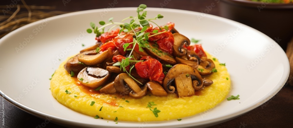 Poster Polenta dish featuring mushrooms, tomatoes, and thyme served on a white plate in a close-up shot. with copy space image. Place for adding text or design